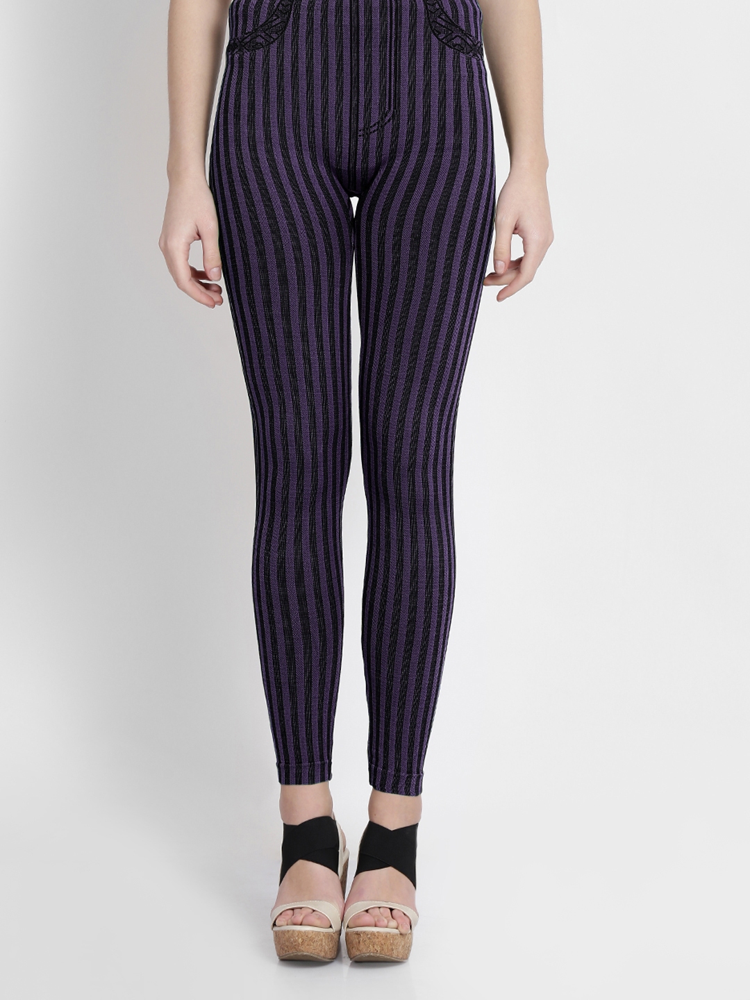 Buy Camey Women Purple & Black Striped Leggings - Leggings for Women ...