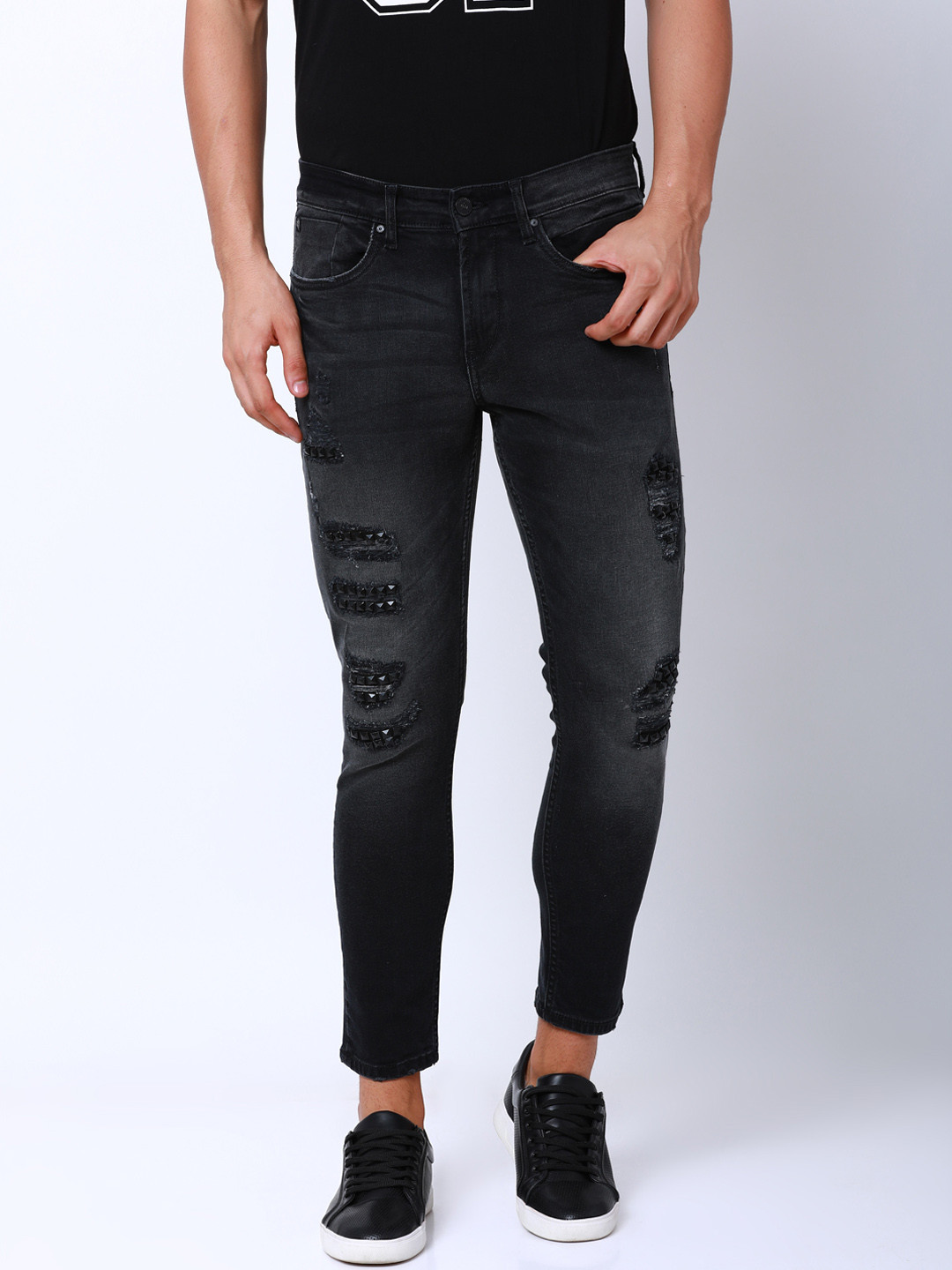 Buy Men Black Tapered Fit Mid Rise Highly Distressed Stretchable Jeans Jeans for