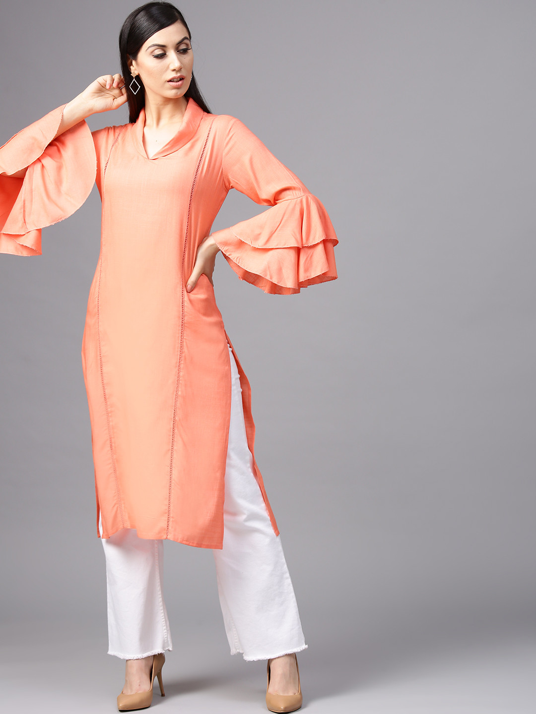 Buy AKS Women Peach Coloured Solid Straight Kurta Kurtas for Women 4317154 Myntra