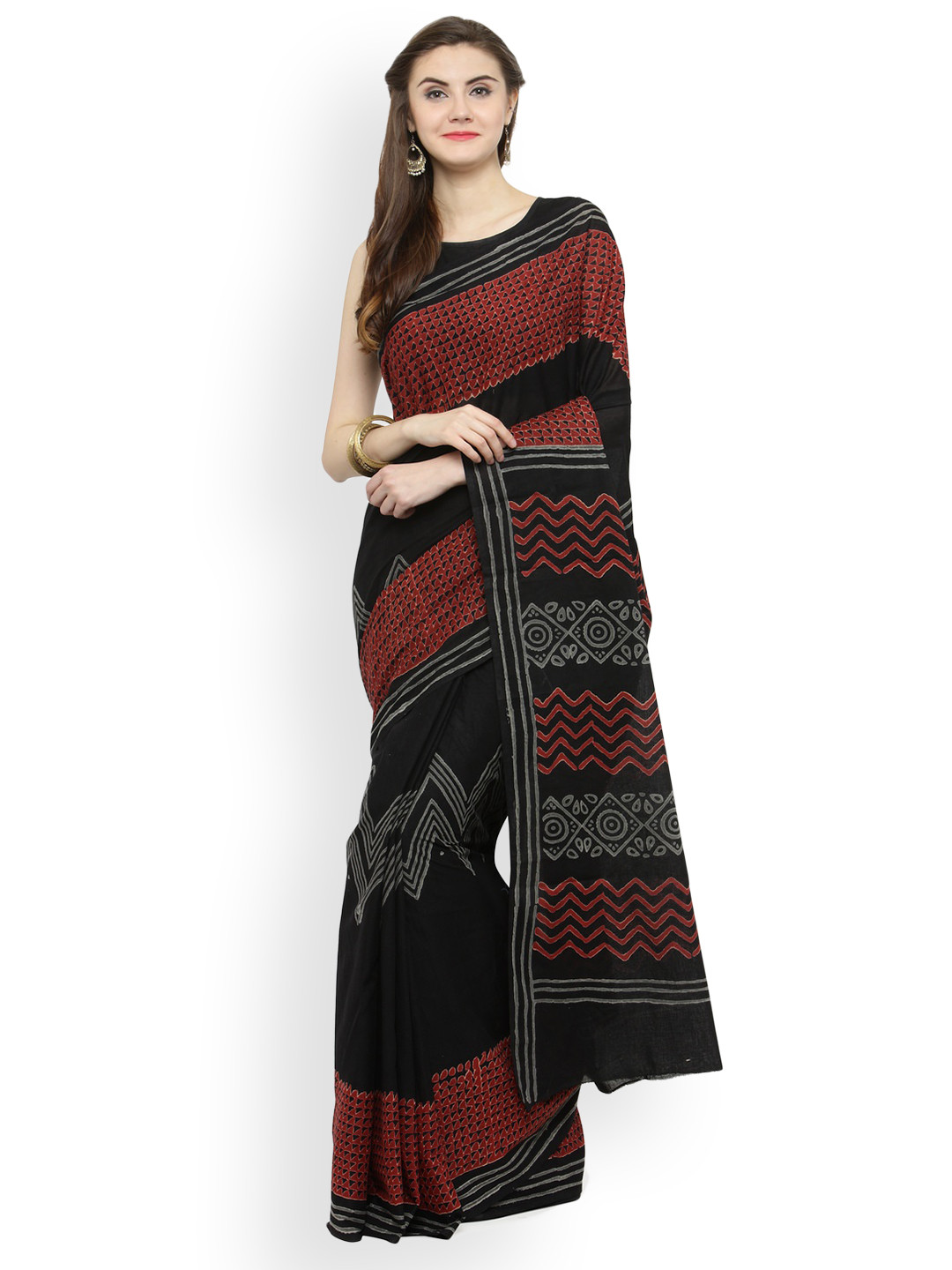 Jaipur Cotton Sarees Online Shopping Buy Geroo Jaipur Black & Red Bagru Hand Block Printed Pure Cotton Saree