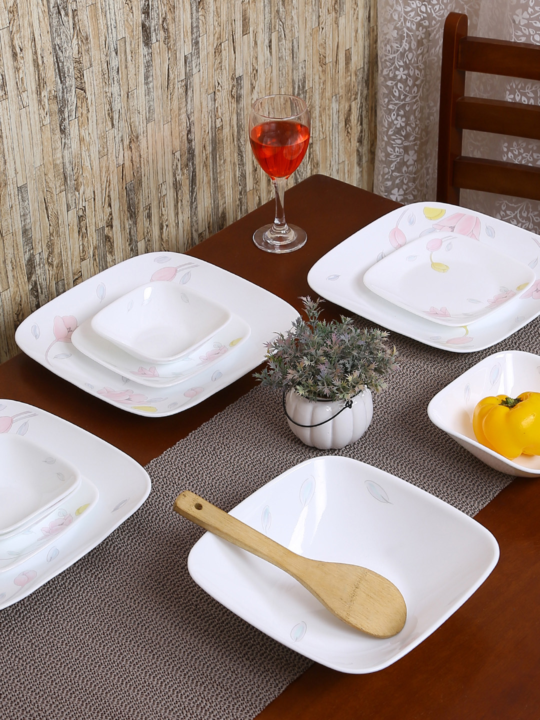 Buy Corelle White & Yellow 21 Pieces Printed Glass Dinner Set Set