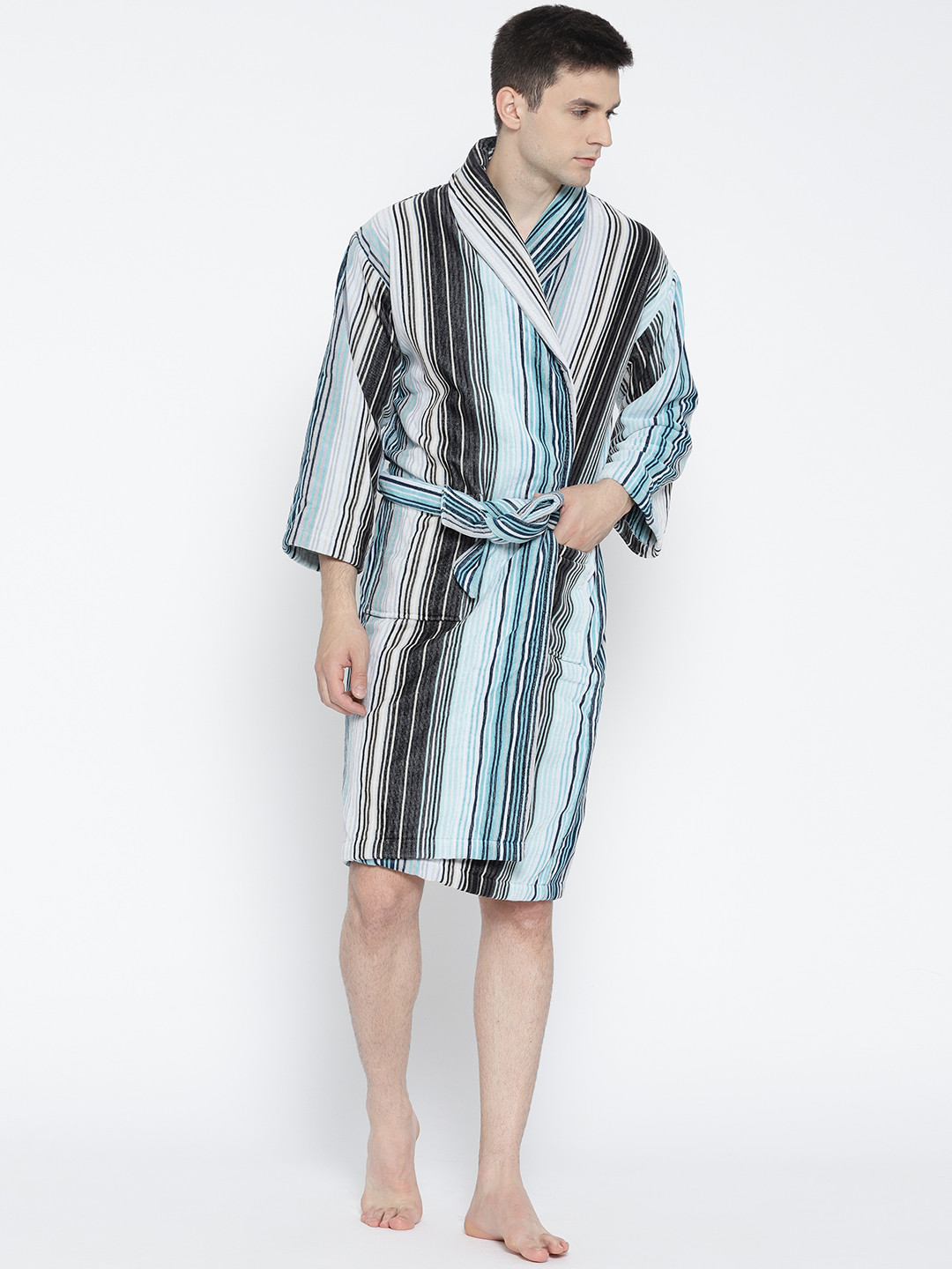 Buy CHRISTY Unisex Blue & Charcoal Grey Striped Bathrobe Bath Robe