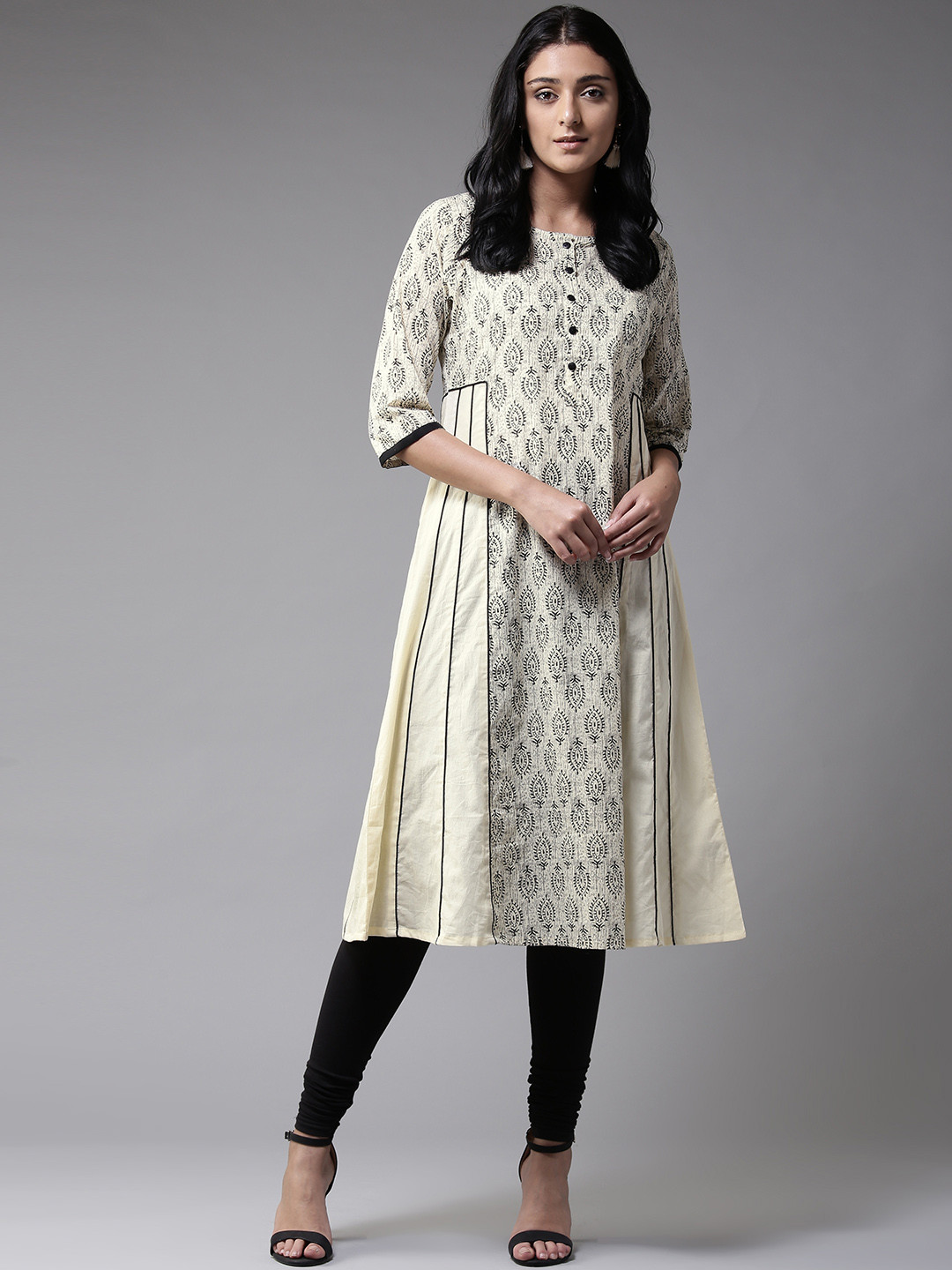 Buy HERE&NOW Women Cream Coloured & Black Printed A Line Kurta Kurtas