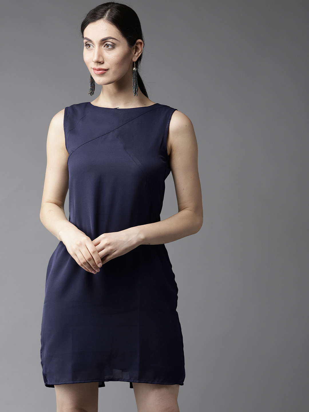 Women's Solid Navy Blue Denim A-Line Dress