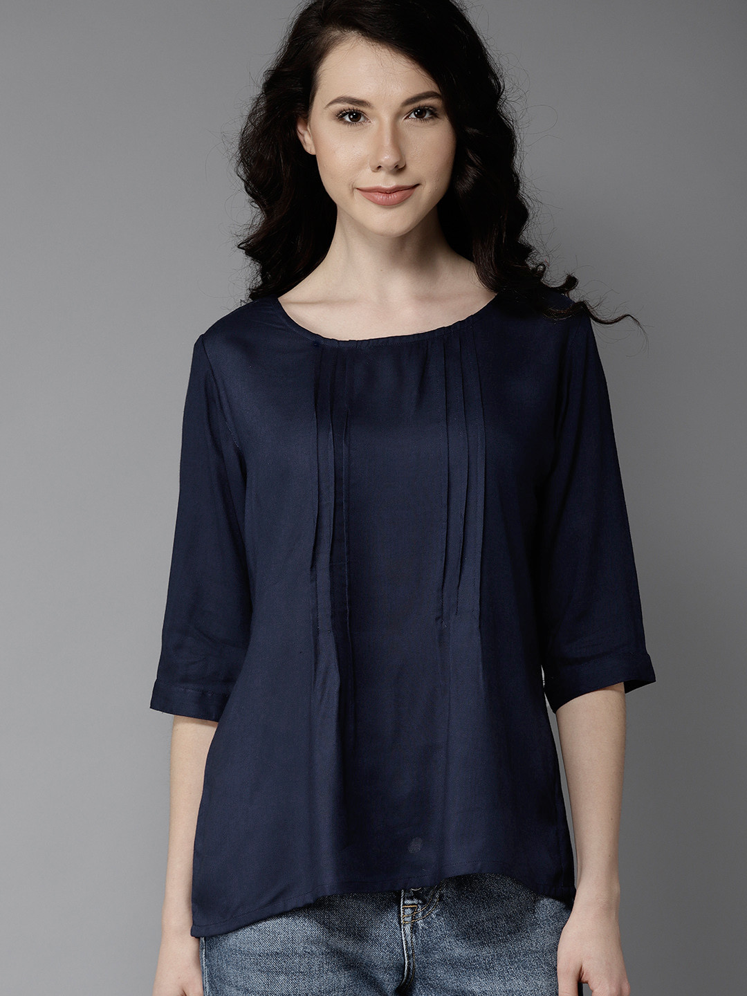 Buy HERE&NOW Women Navy Blue Solid Styled Back Top Tops for Women