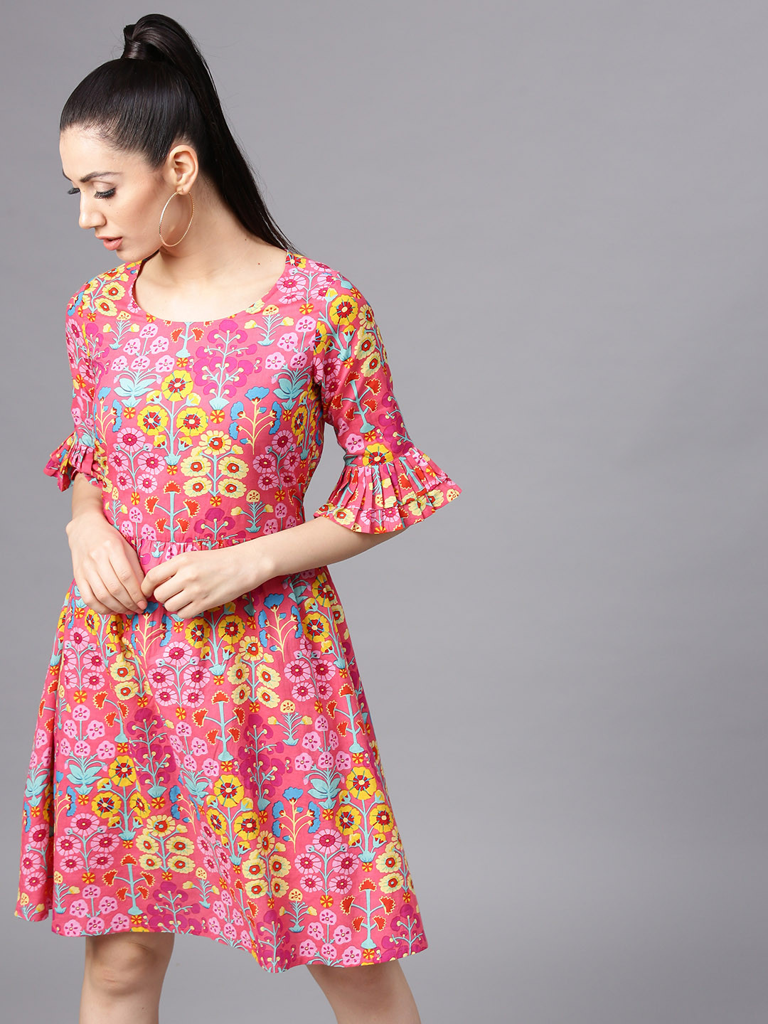 Buy AKS Women Pink & Yellow Floral Print Fit & Flare Dress - Dresses for Women 4322798 | Myntra
