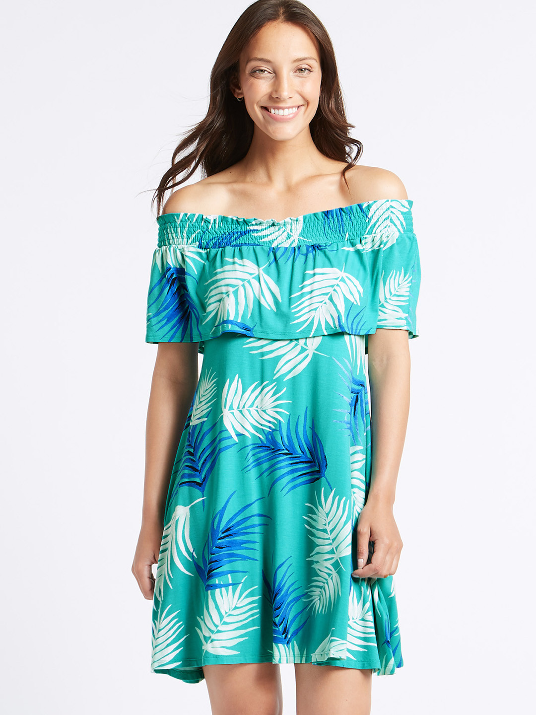 Buy Marks & Spencer Women Sea Green Tropical Printed Layered Off Shoulder A Line Dress - Dresses 
