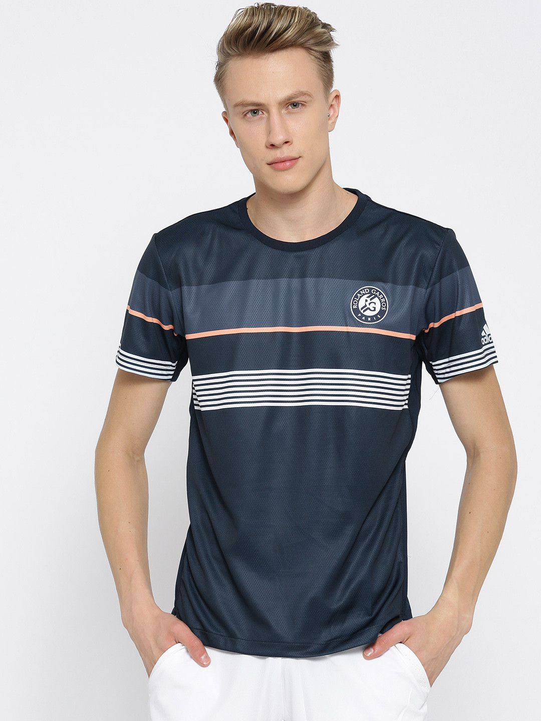 Buy Adidas Men Navy Roland Garros Striped Tennis T Shirt Tshirts for