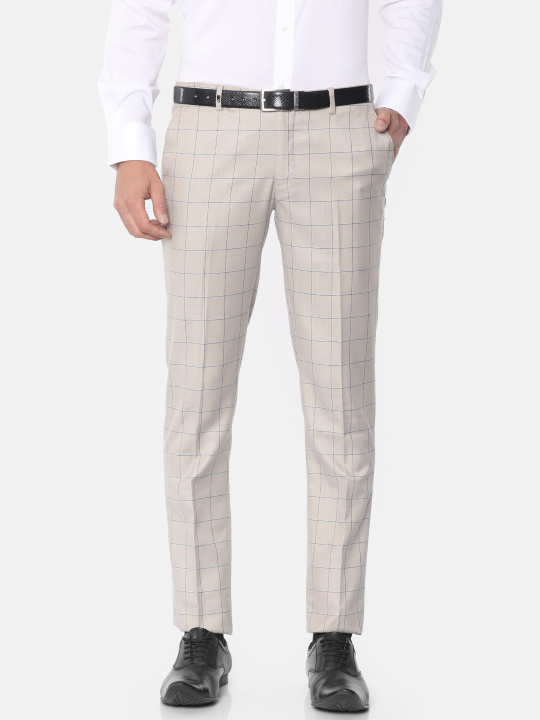 Buy Oxemberg Men Beige Slim Fit Checked Formal Trousers Trousers for