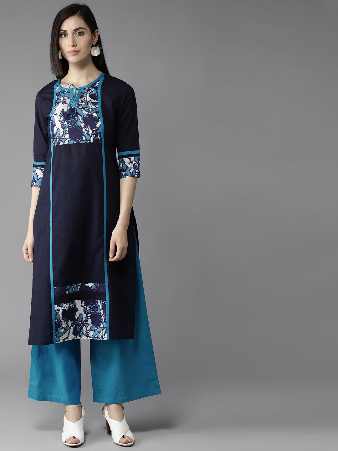 Buy HERE&NOW Women Navy Yoke Design Kurta With Palazzos Kurta Sets