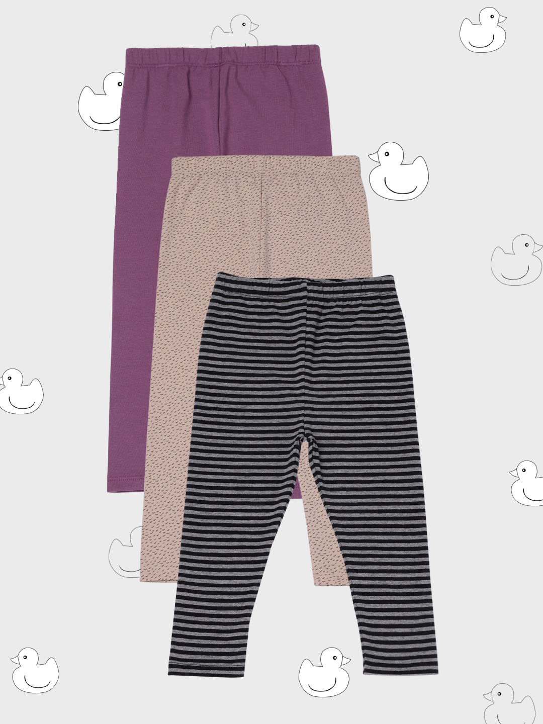 Buy YK Organic Infant Girls Pack Of 3 Purple & Grey Cotton Leggings