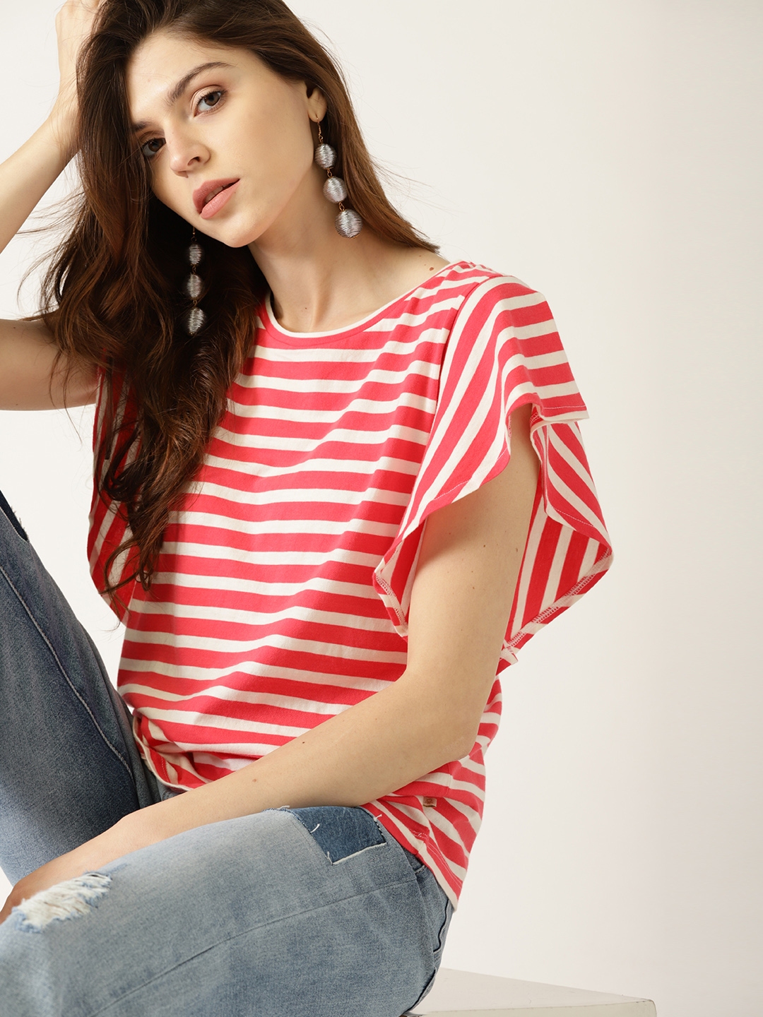 Buy United Colors Of Benetton Women Coral Pink & White Striped Top ...