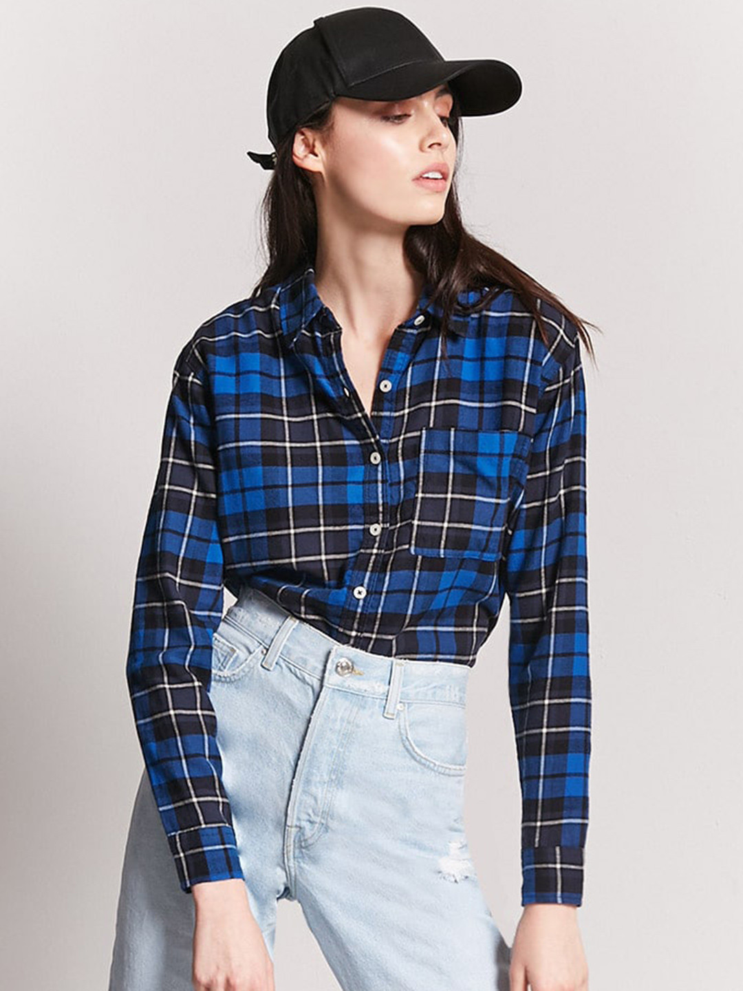 Buy FOREVER 21 Women Blue & Black Regular Fit Checked Casual Shirt