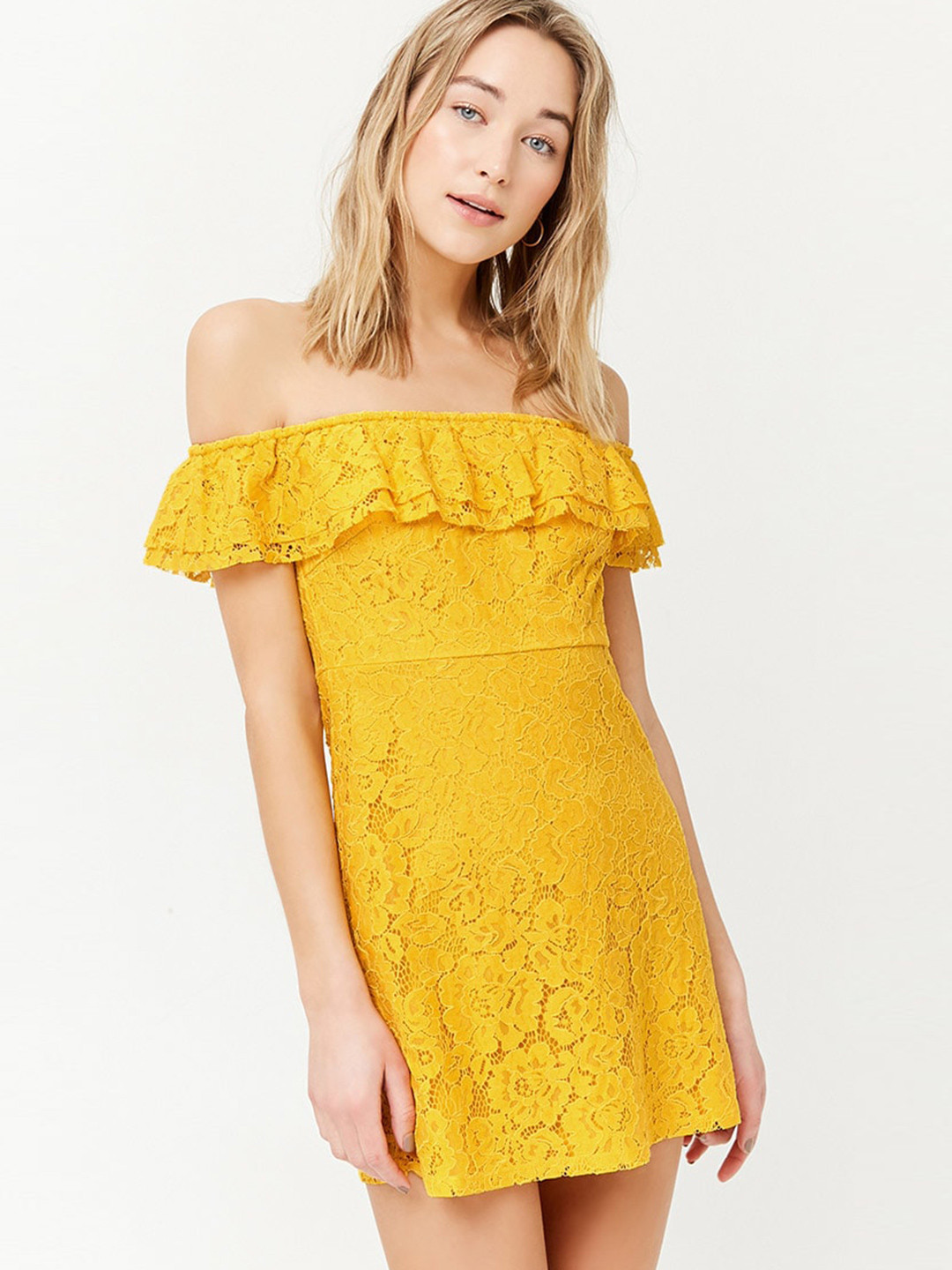 Buy FOREVER 21 Women Mustard Yellow Lace Mini Fit And Flare Dress