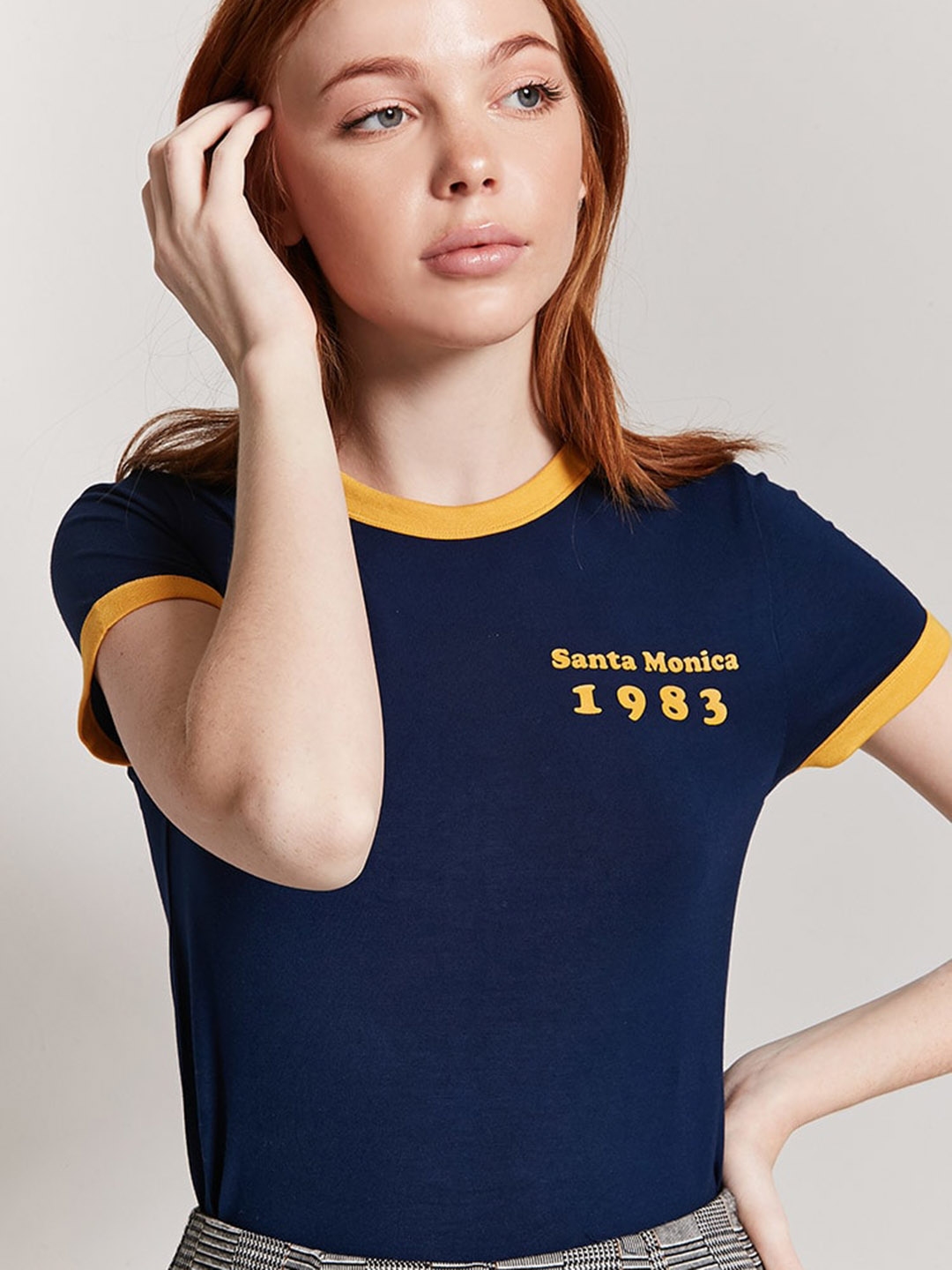 Buy FOREVER 21 Women Navy Blue Solid Round Neck T Shirt Tshirts for