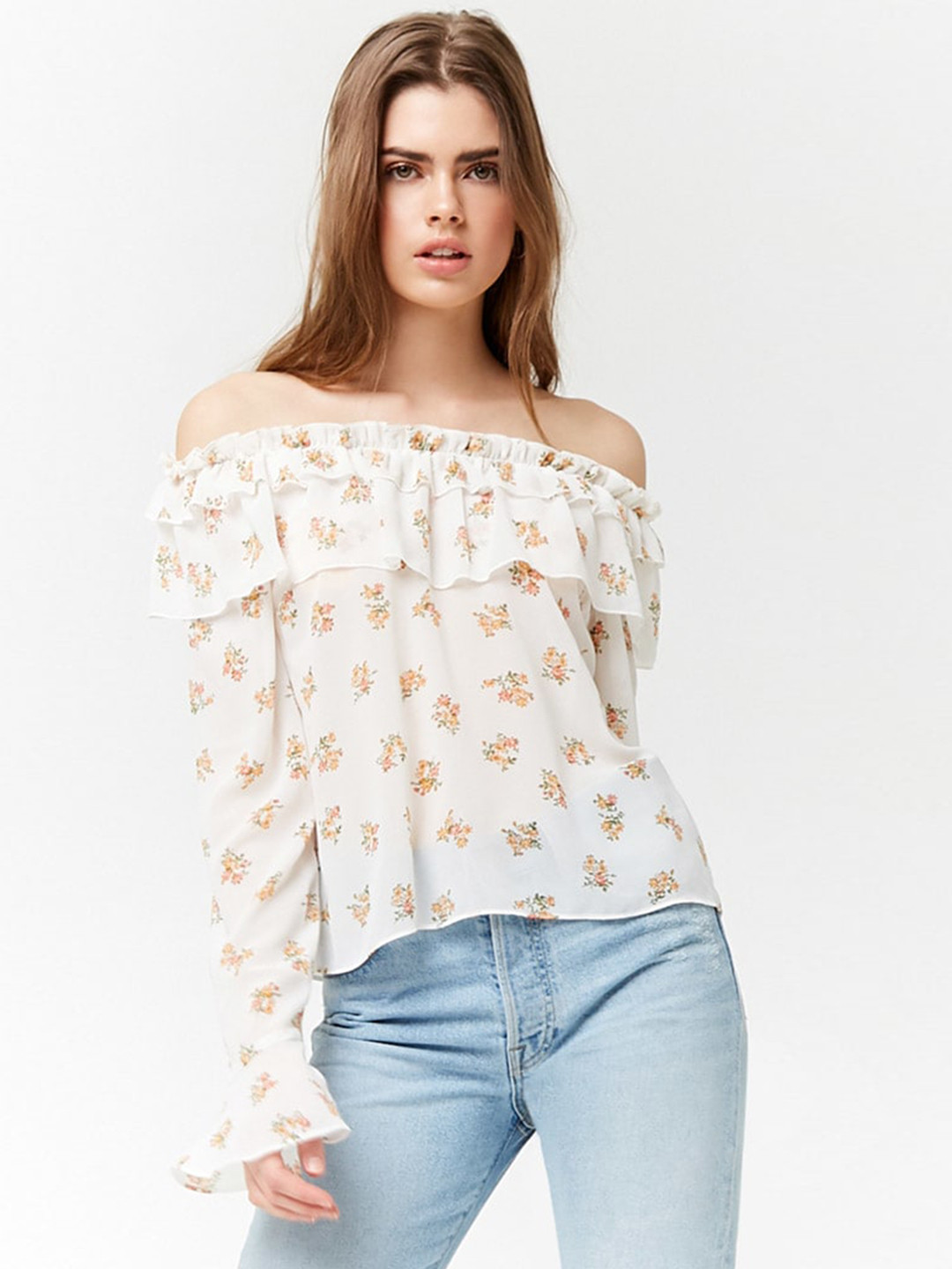 Buy FOREVER 21 Women White Floral Print Bardot Top Tops for Women