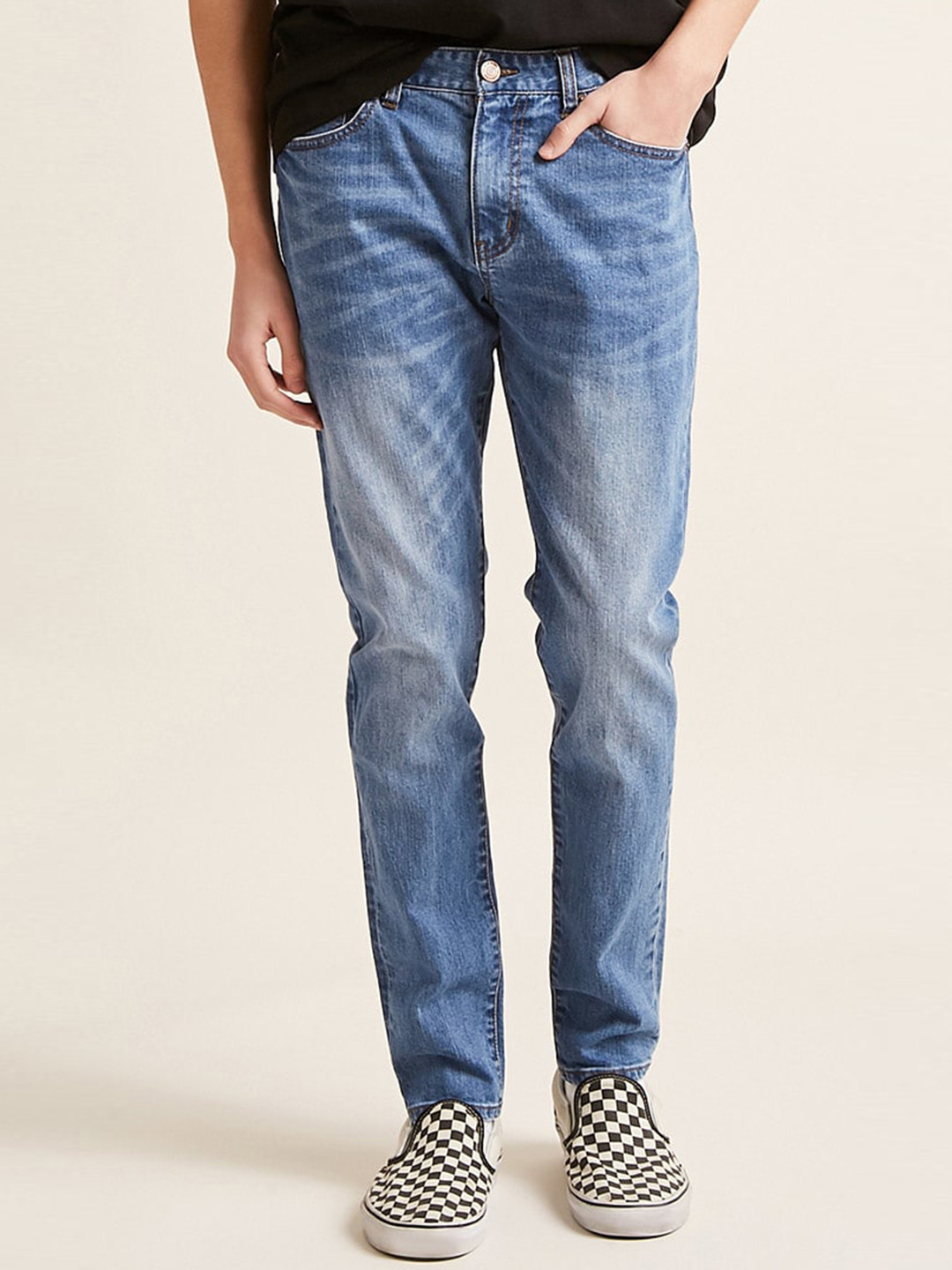 Buy FOREVER 21 Men Blue Regular Fit Mid Rise Clean Look Stretchable