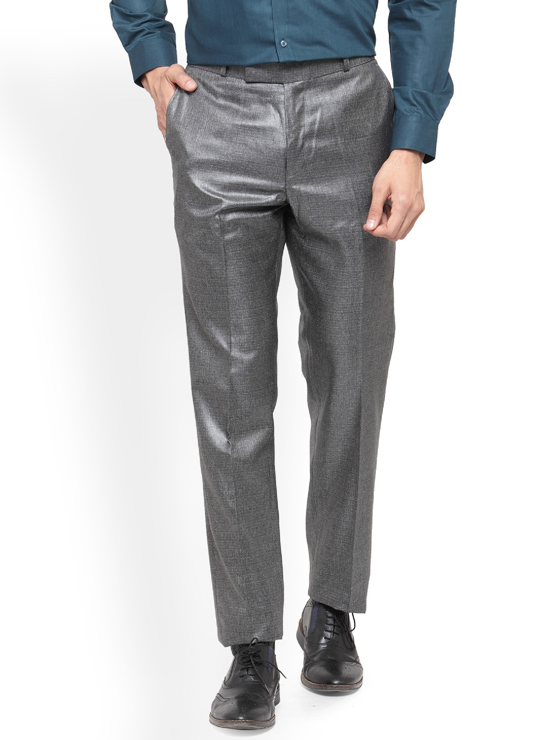 Men'S Grey Solid Formal Trousers