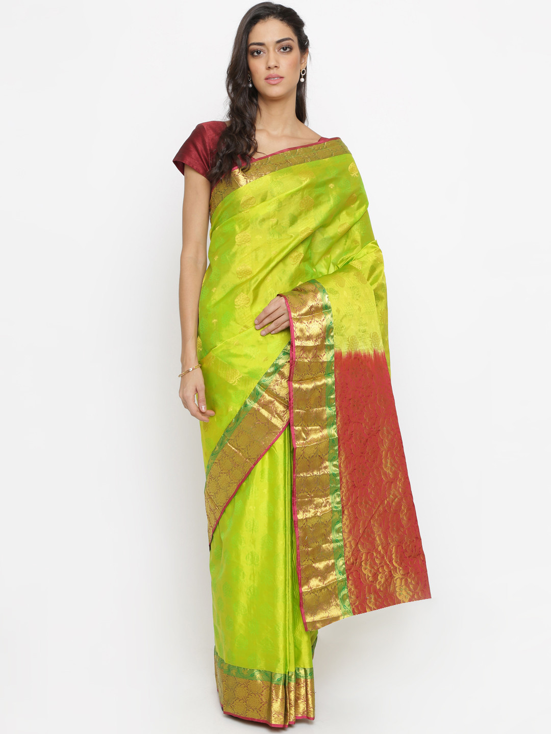 Buy The Chennai Silks Classicate Fluorescent Green Pure Silk Woven Design Kanjeevaram Saree