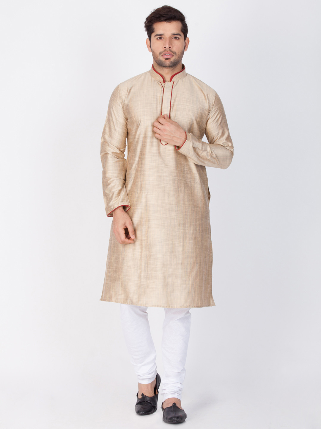 Men Beige & White Woven Design Kurta Only