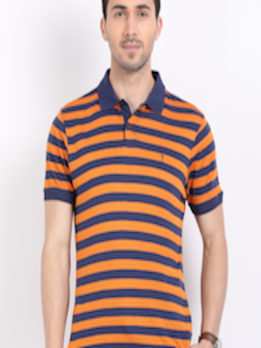 Buy Indian Terrain Men Orange & Blue Striped Polo Collar T Shirt ...