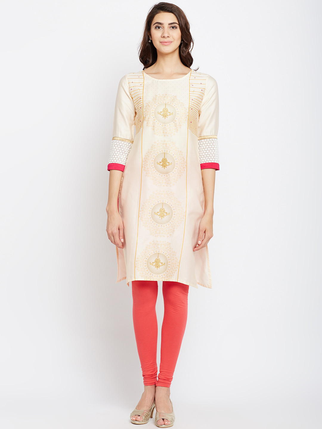 Buy Span Women Cream Coloured Printed Straight Kurta Kurtas for Women