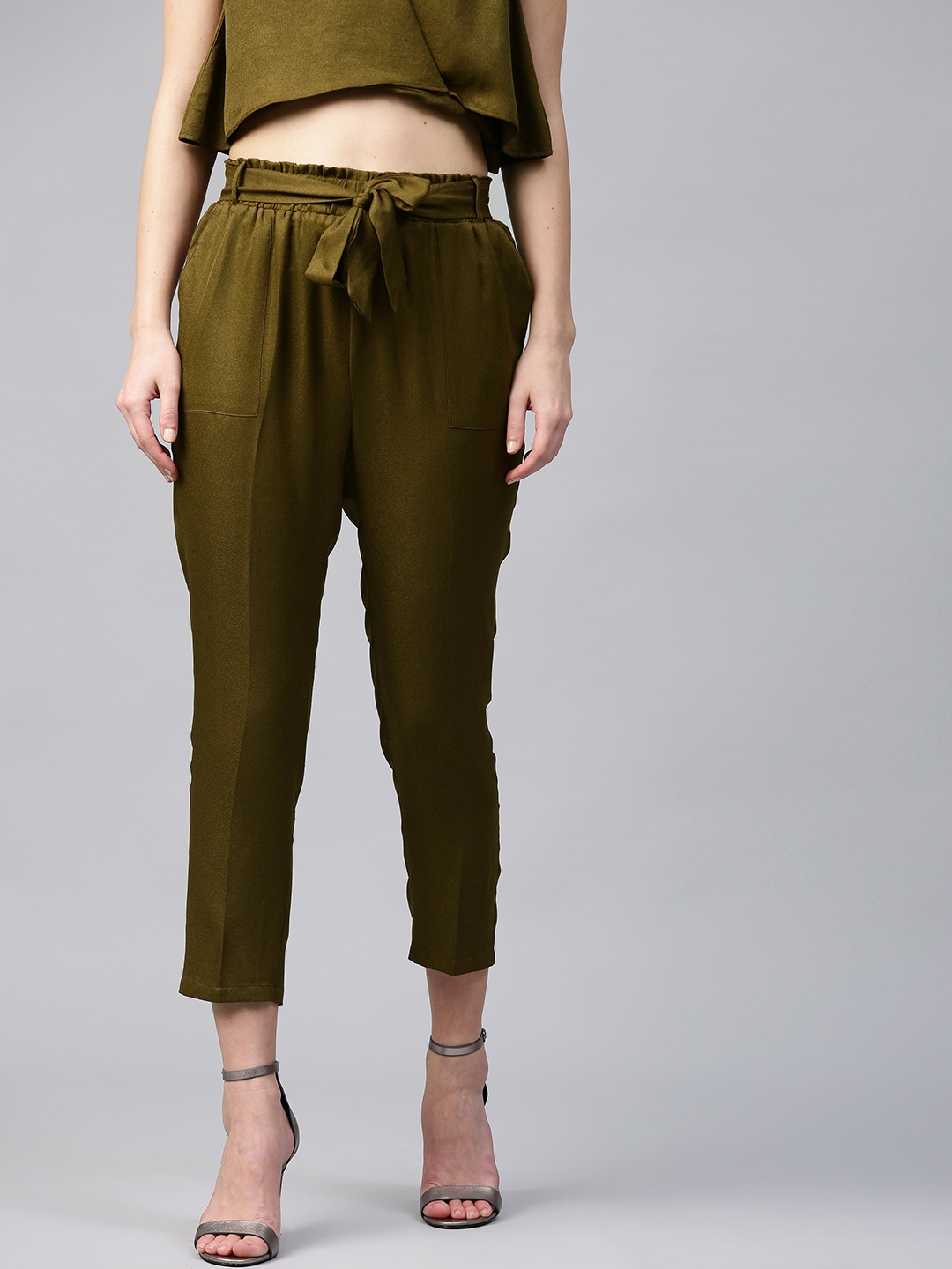 Buy SASSAFRAS Women Olive Green Regular Fit Solid Peg Trousers ...