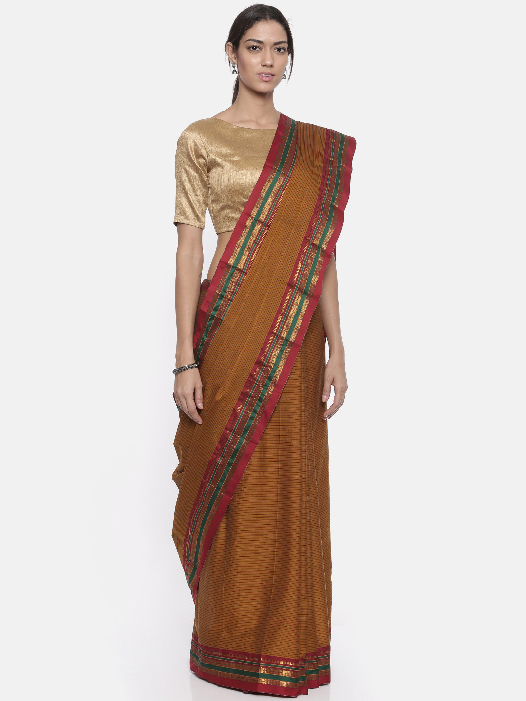 Buy The Chennai Silks Classicate Brown Striped Cotton Blend Saree