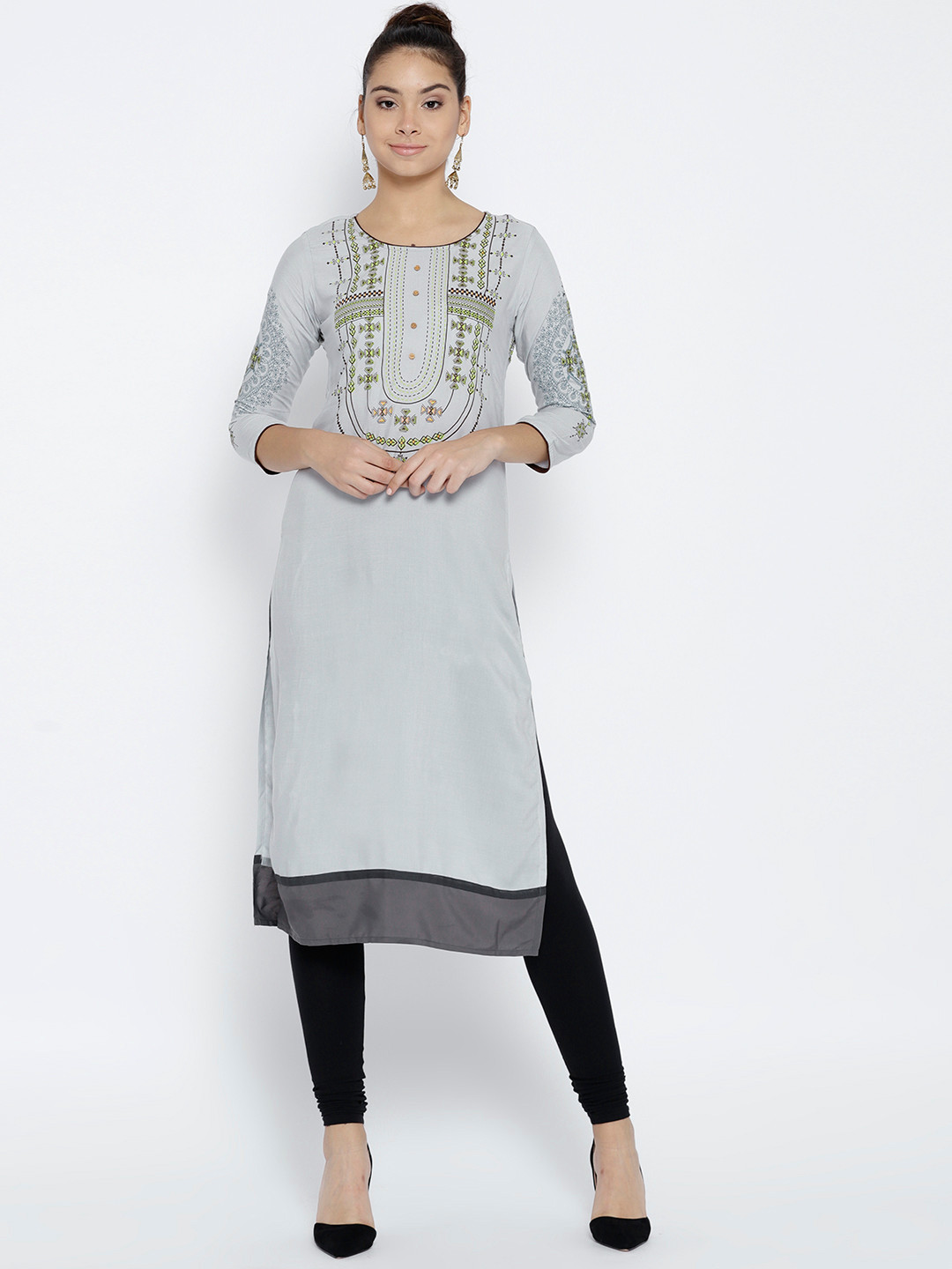 Women's Grey Embellished Straight Kurtas