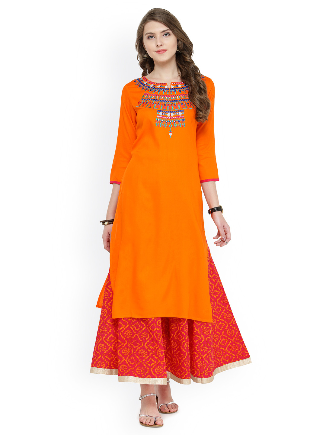 Women'S Orange & White Printed Kurta With Palazzos