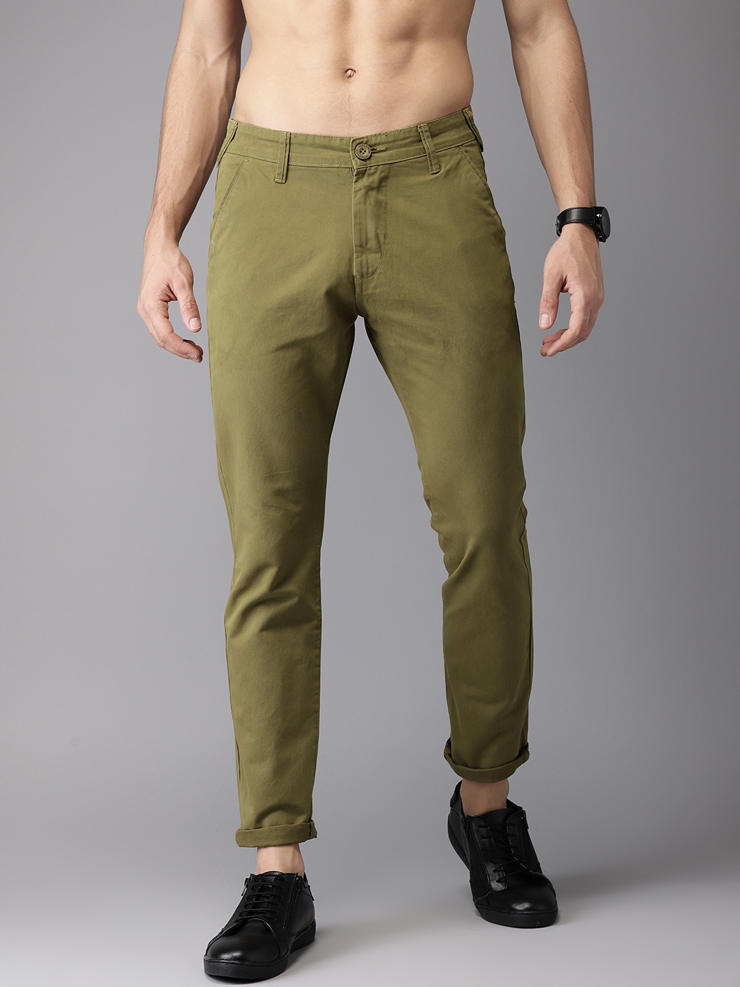 Buy HERE&NOW Men Olive Green Slim Fit Solid Chinos - Trousers for Men ...