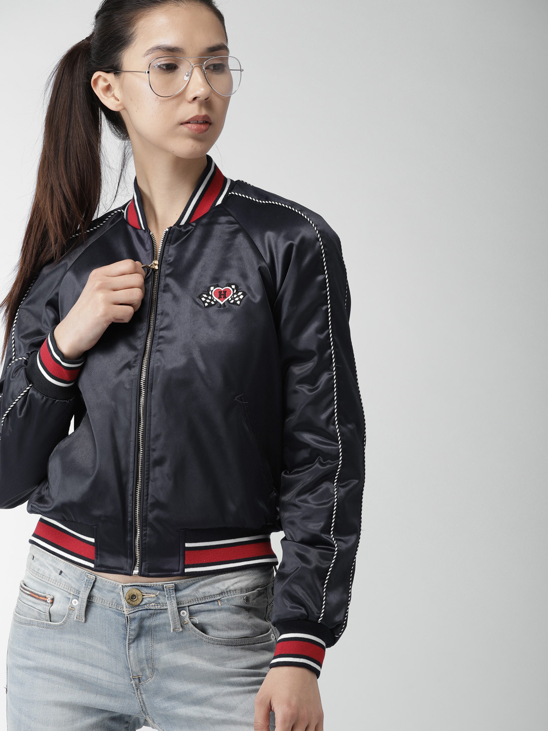 Buy Tommy Hilfiger Women Navy Blue Solid Bomber Jackets for Women