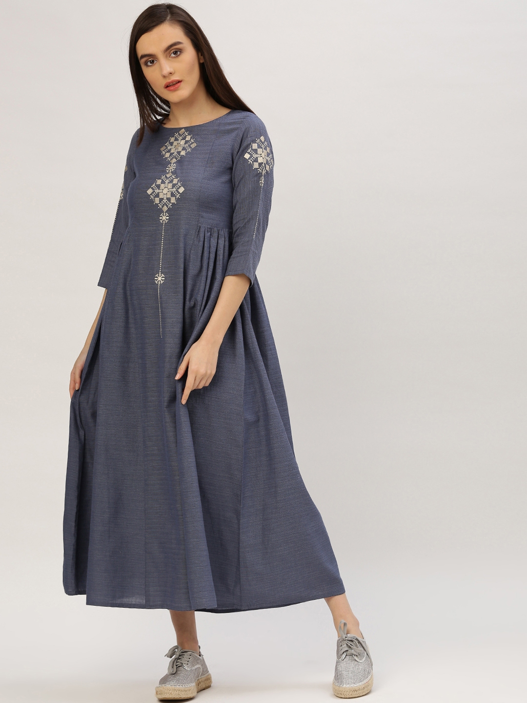 Buy Jaipur Kurti Women Blue Solid Fit And Flare Dress - Dresses for ...