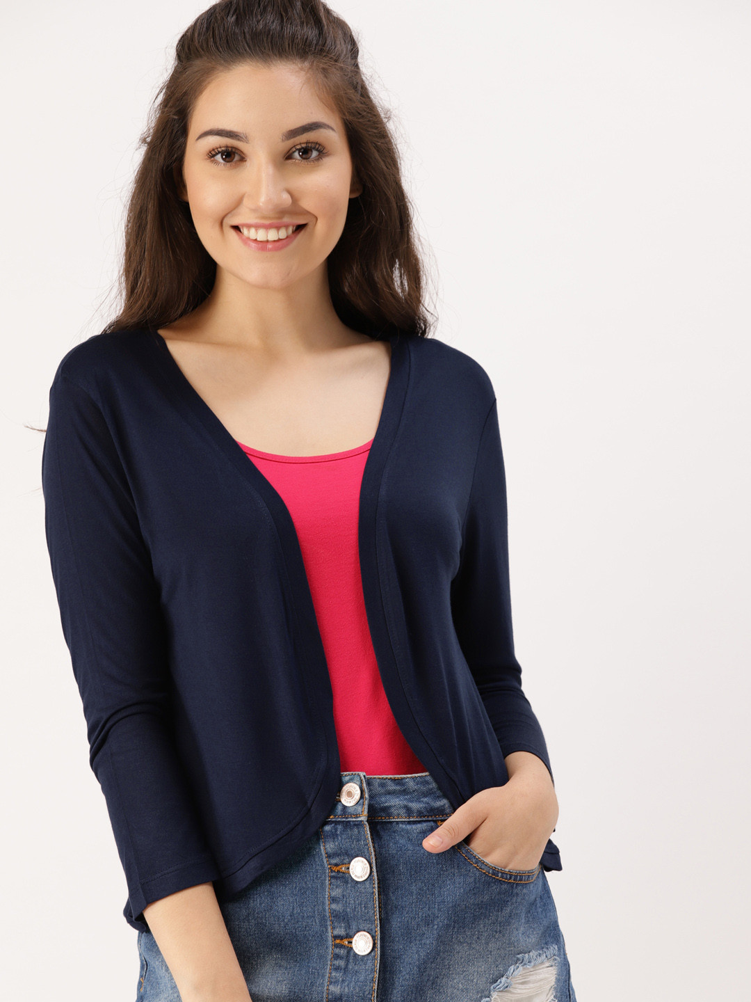 Buy DressBerry Navy Blue Solid Open Front Shrug Shrug for Women