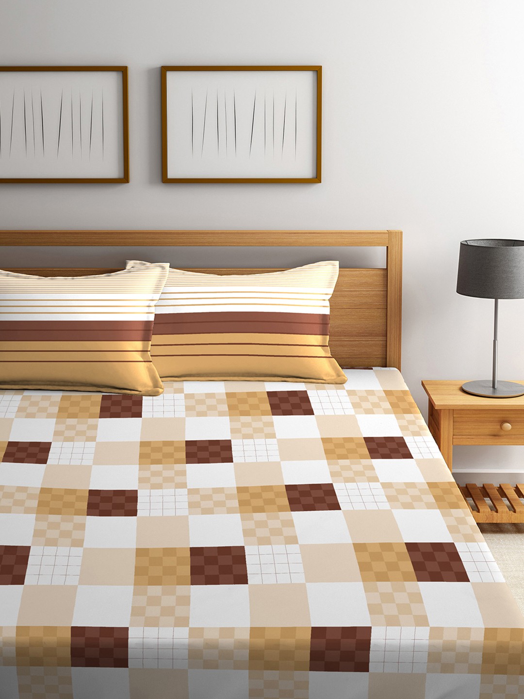 Buy Tangerine White & Yellow Abstract Flat 144 TC Cotton 1 King Bedsheet With 2 Pillow Covers