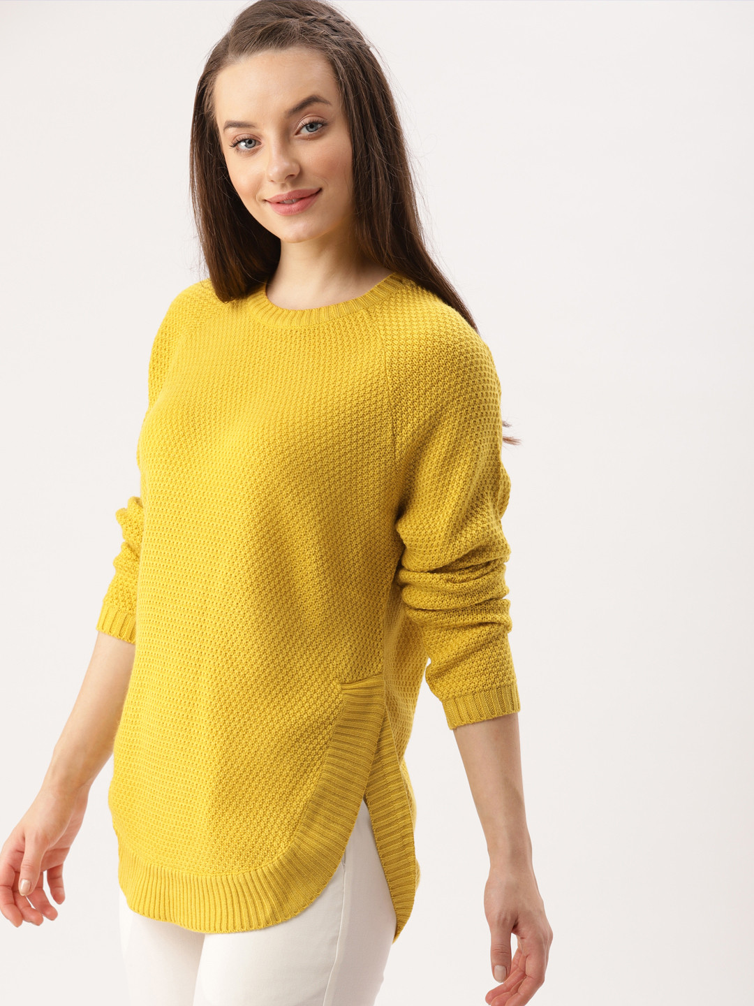 Buy DressBerry Women Mustard Yellow Self Design Pullover Sweaters for