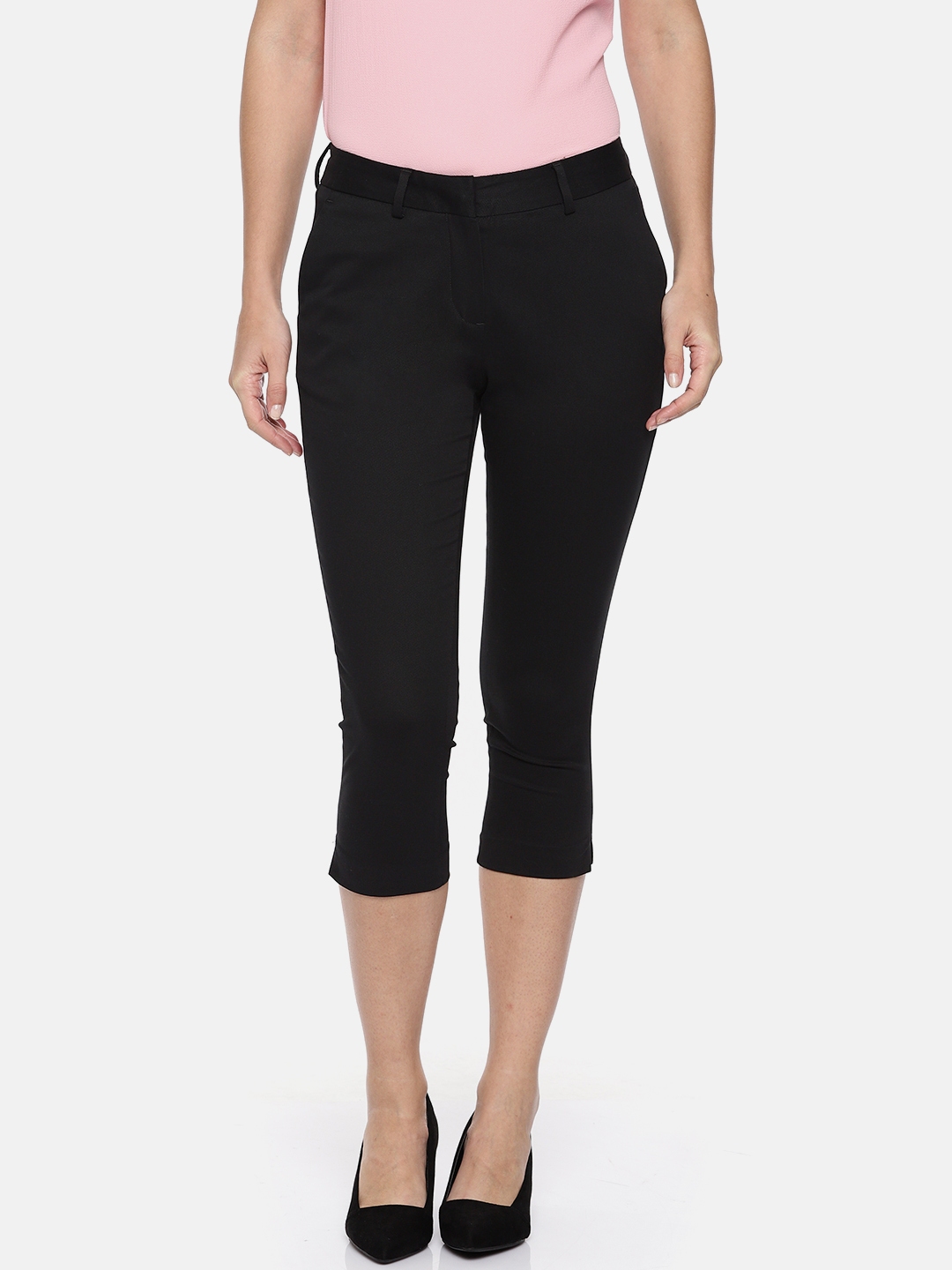 Buy Allen Solly Woman Black Slim Fit Solid Cropped Regular Trousers ...
