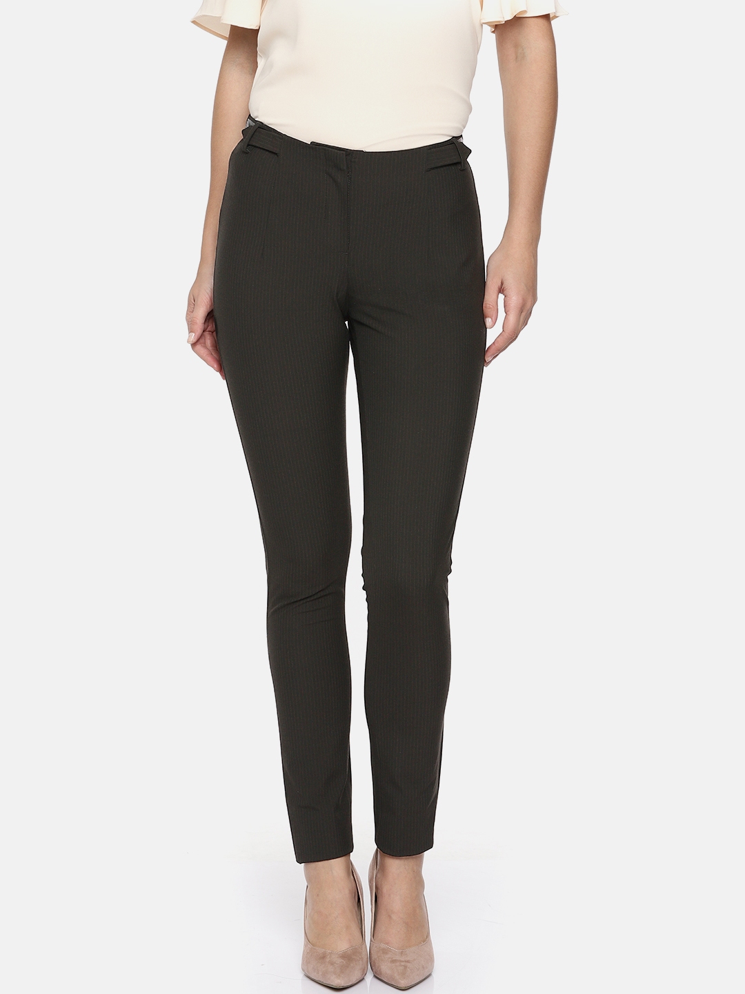 Buy Allen Solly Woman Brown Slim Fit Striped Regular Trousers ...