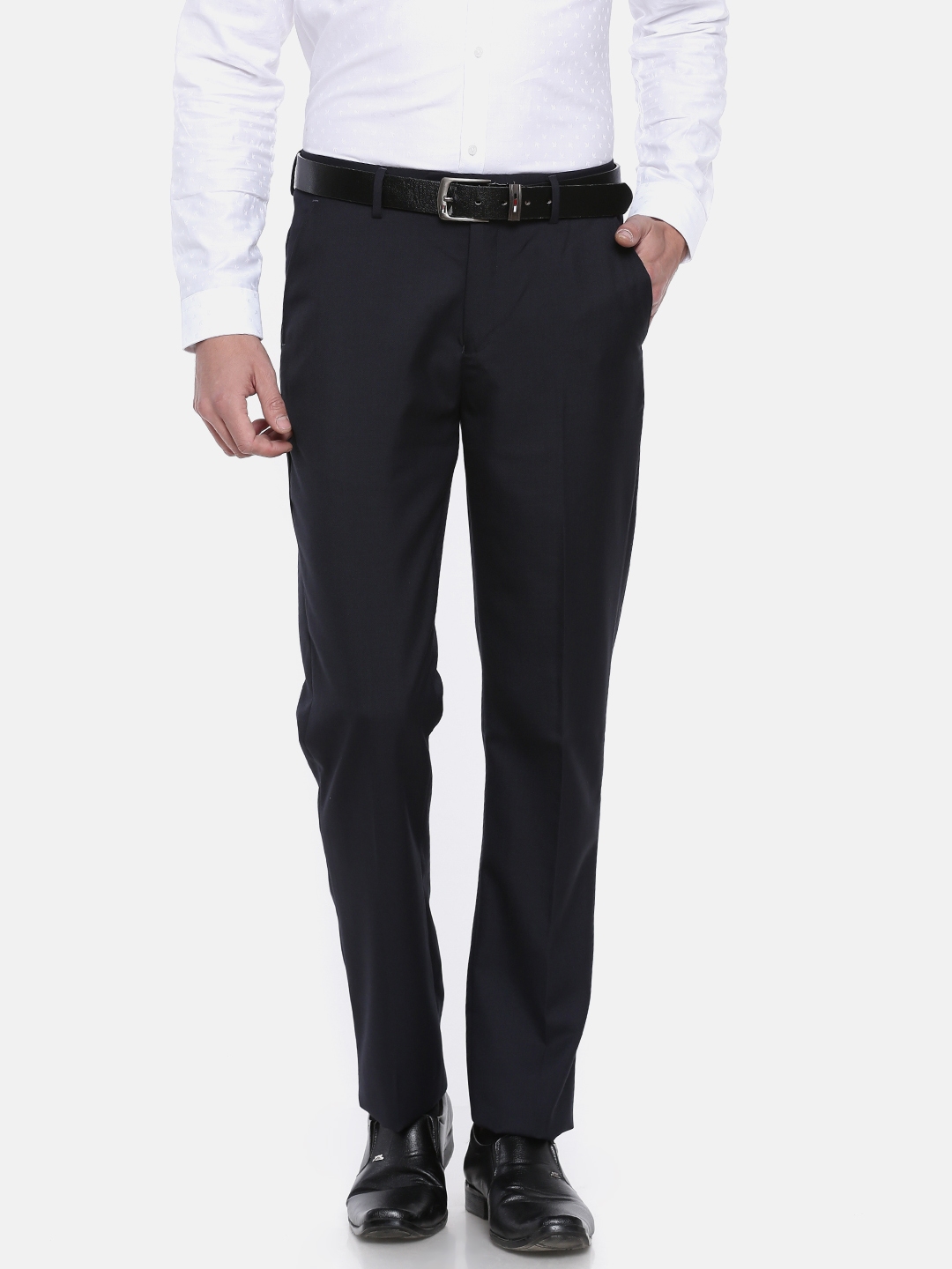 Buy Peter England Men Navy Blue Smart Regular Fit Solid Formal Trousers ...