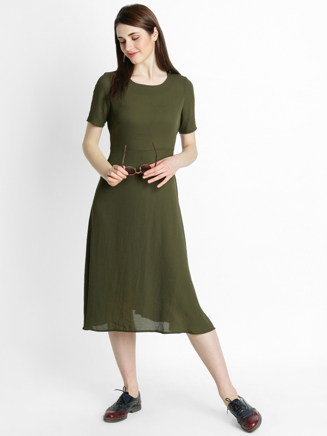 Buy Annabelle By Pantaloons Women Olive Green Solid A Line Dress
