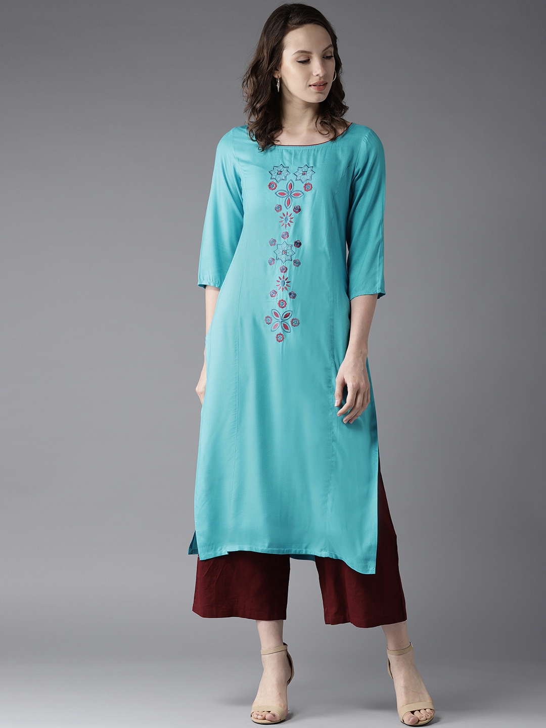 Buy Moda Rapido Women Blue Embroidered Straight Kurta - Kurtas for ...