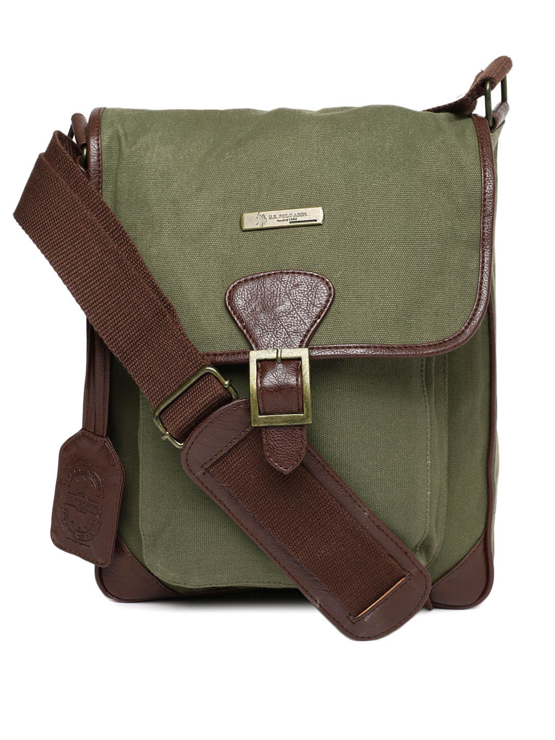 Buy U.S. Polo Assn. Unisex Olive Green & Brown Solid Messenger Bag