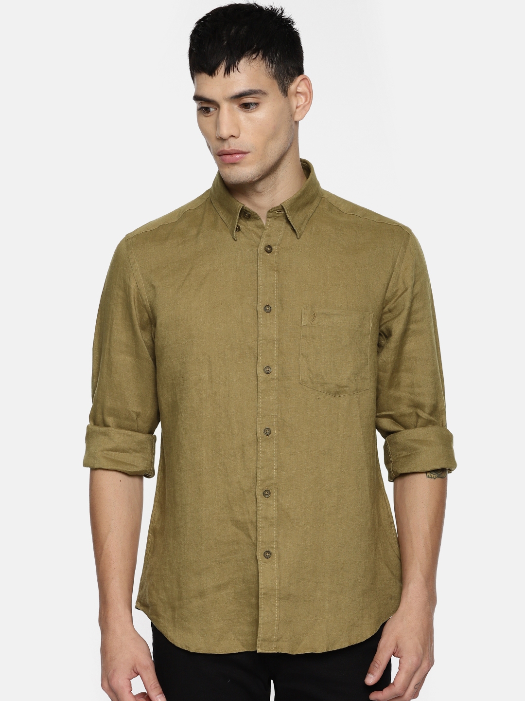 Buy Indian Terrain Men Khaki Slim Fit Solid Casual Linen Shirt - Shirts ...