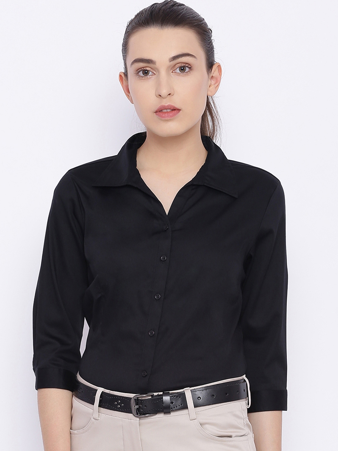 Buy Allen Solly Woman Black Regular Fit Solid Casual Shirt - Shirts for ...