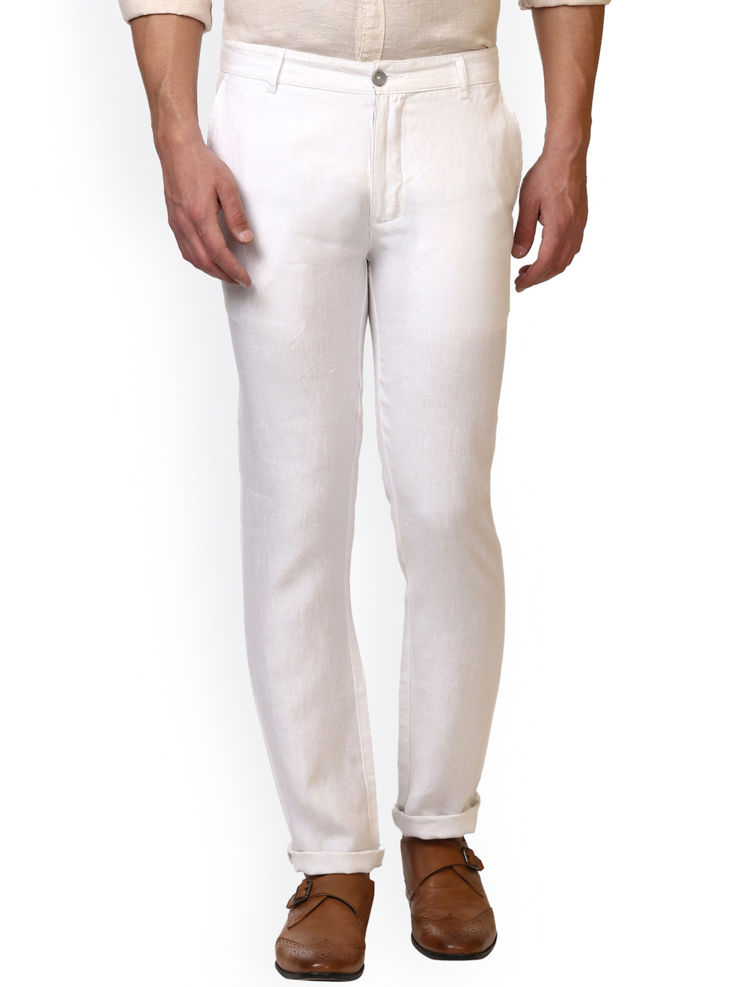 Buy Parx Men White Slim Fit Solid Regular Linen Trousers Trousers for