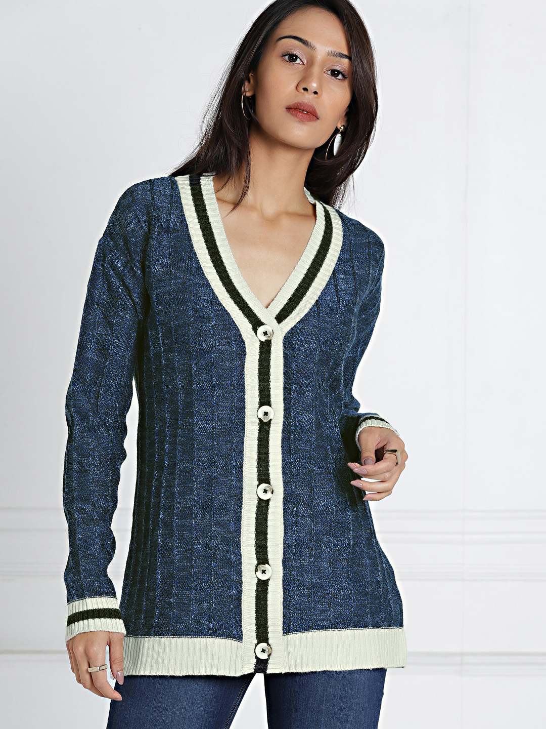 Buy All About You Teal Blue Self Design Cardigan Sweaters for Women