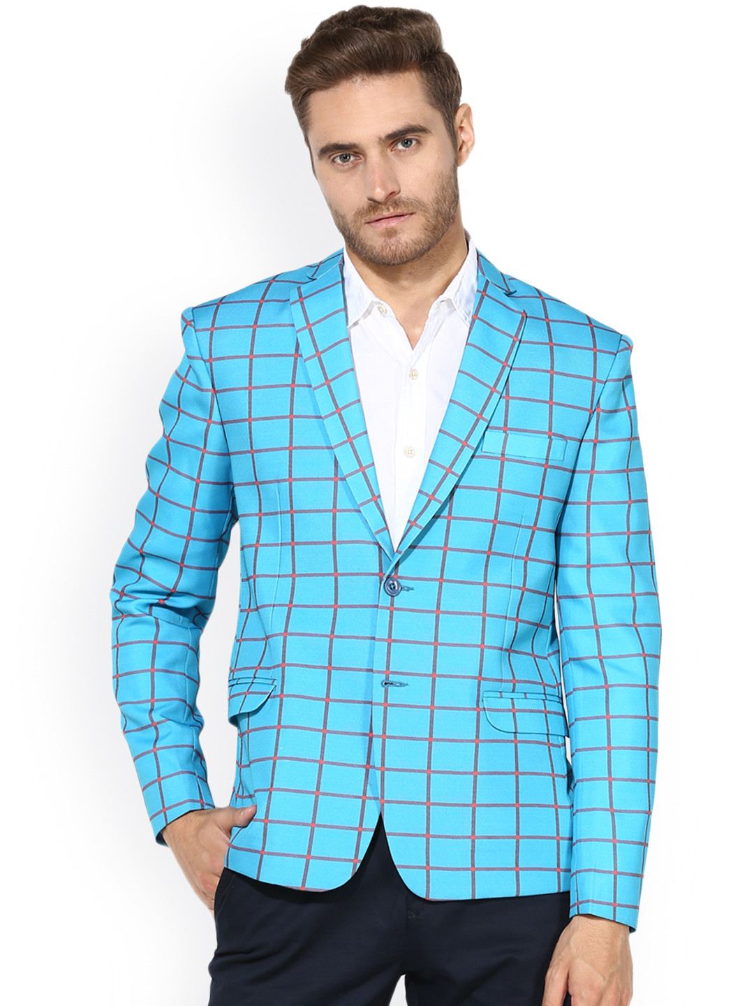 Buy Hangup Blue & Coral Single Breasted Slim Fit Casual Blazer