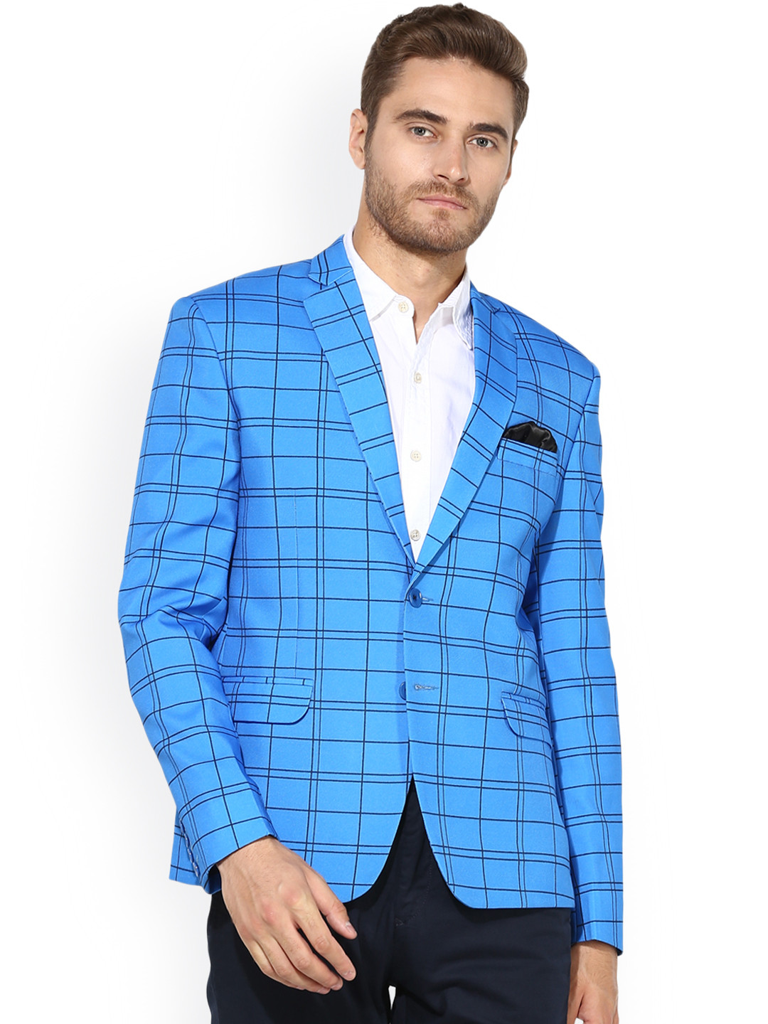 Buy Hangup Men Blue & Black Checked Single Breasted Casual Blazer
