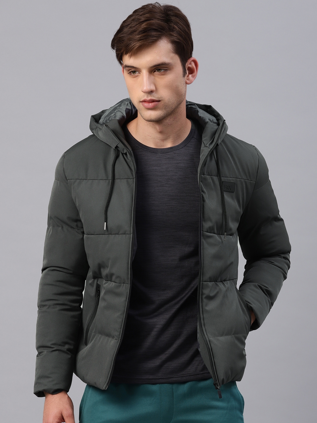 Buy HRX By Hrithik Roshan Men Charcoal Grey Solid Active Padded Hooded ...