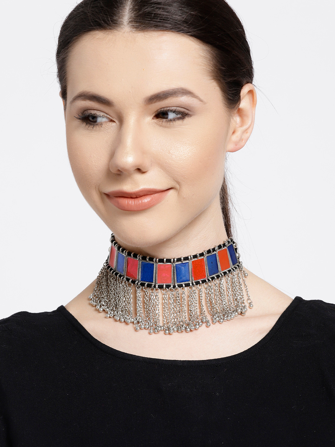 Buy Infuzze Silver Toned & Blue Choker Necklace Necklace And Chains